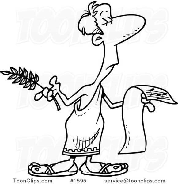 Cartoon Black and White Outline Design of a Guy in a Togat, Holding Sheet Music