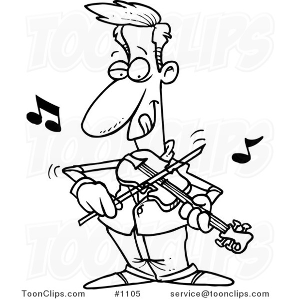 Cartoon Black and White Outline Design of a Guy Standing and Playing a Violin