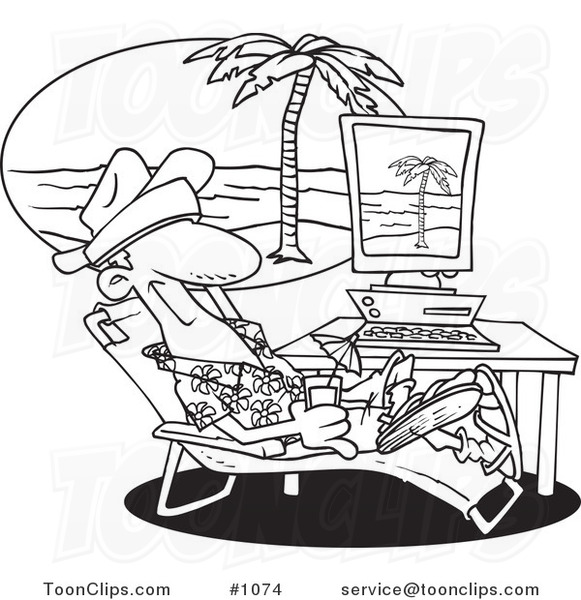 Cartoon Black and White Outline Design of a Guy Taking a Virtual Vacation in His Office