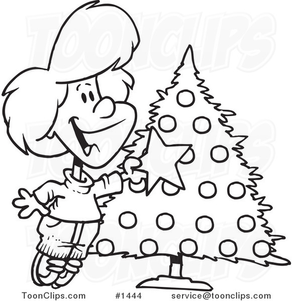 Cartoon Black and White Outline Design of a Happy Girl Decorating a Christmas Tree