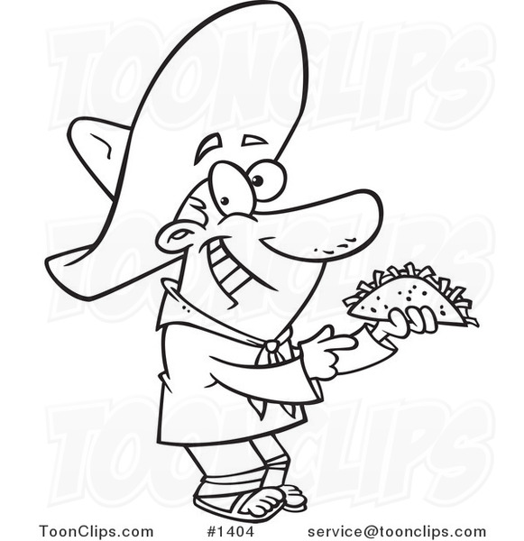 Cartoon Black and White Outline Design of a Happy Hispanic Guy Holding a Taco