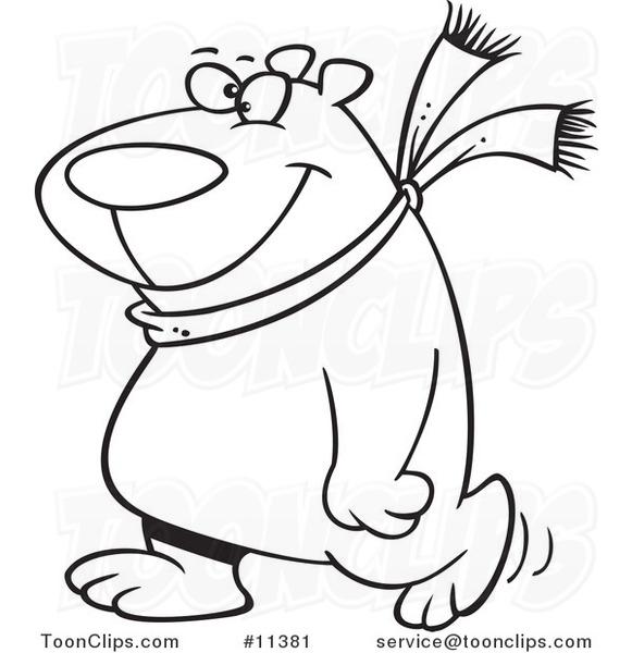 Cartoon Black and White Outline Design of a Happy Polar Bear Wearing a Scarf and Walking Upright