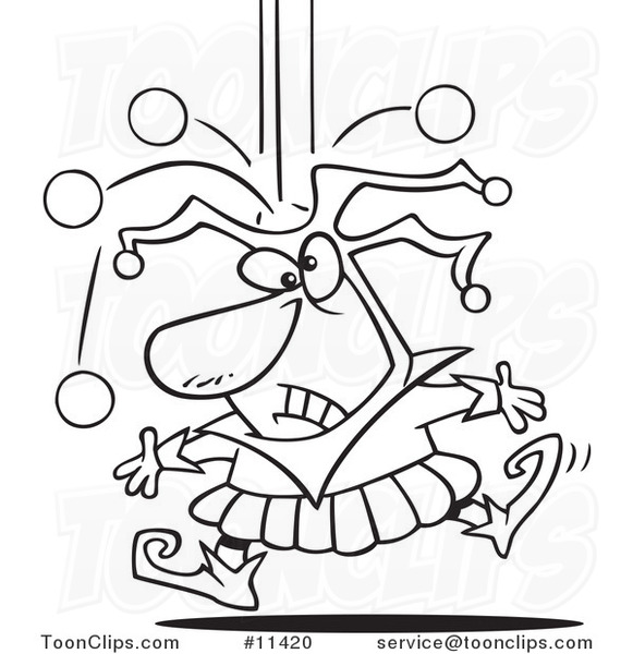 Cartoon Black and White Outline Design of a Joker Dropping Juggle Balls ...