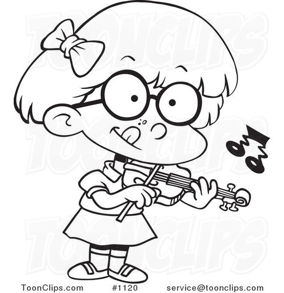 Cartoon Black and White Outline Design of a Little Girl Standing and Playing a Violin
