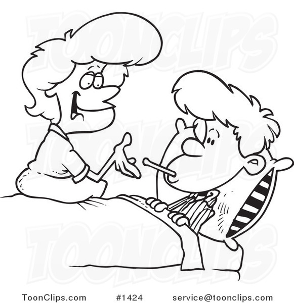 Cartoon Black and White Outline Design of a Mother Taking Her Son's Temperature