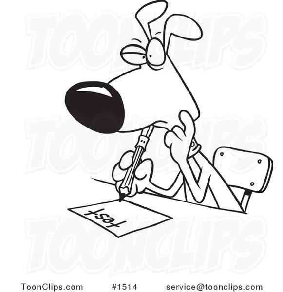 Cartoon Black and White Outline Design of a School Dog Taking a Test ...