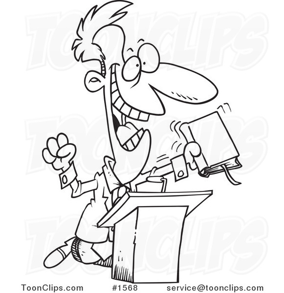 Cartoon Black and White Outline Design of a Televangelist Guy Preaching at a Podium