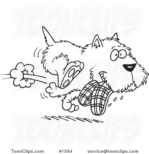 Cartoon Black and White Outline Design of a Terrier Dog Stealing Slippers