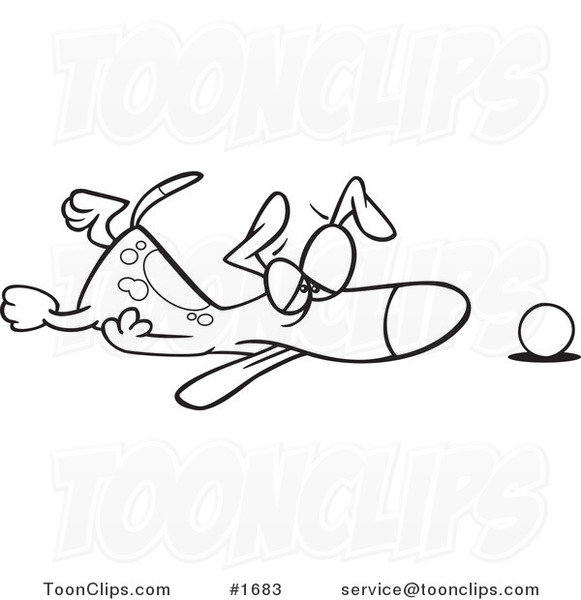 Cartoon Black and White Outline Design of a Tired Dog Collapsed by His Ball