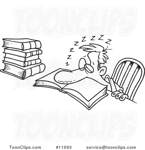 Cartoon Black and White Outline Design of a Tired Guy Falling Asleep While Studying