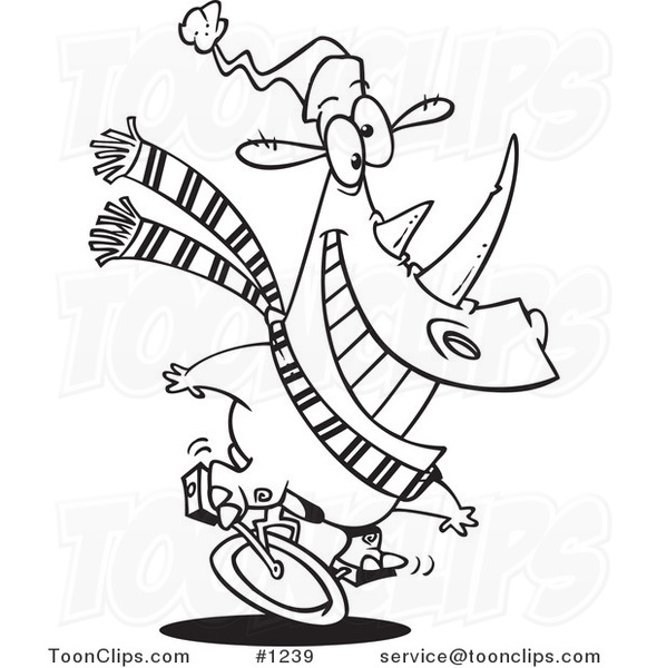 Cartoon Black and White Outline Design of a Unicycling Christmas Rhino