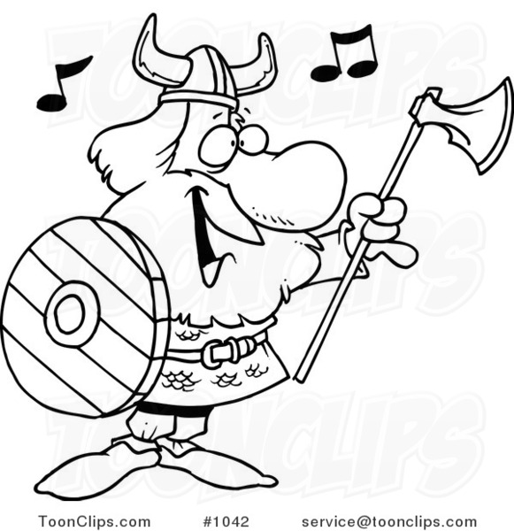 Cartoon Black and White Outline Design of a Viking Holding an Ax and Shield and Singing