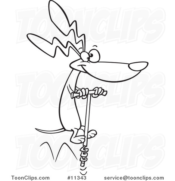 Cartoon Black and White Outline Design of a Wiener Dog Using a Pogo Stick