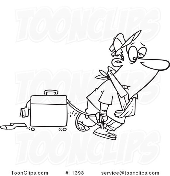 Cartoon Black and White Outline Design of an Exhausted Guy After Vacation