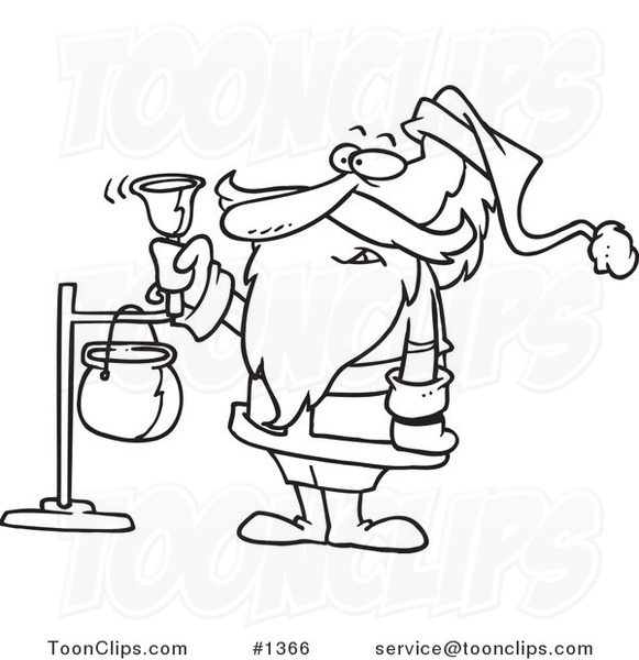 Cartoon Black and White Outline Design of Santa Ringing a Charity Bell
