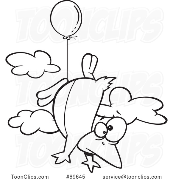 Cartoon Black and White Penguin Floating with a Balloon