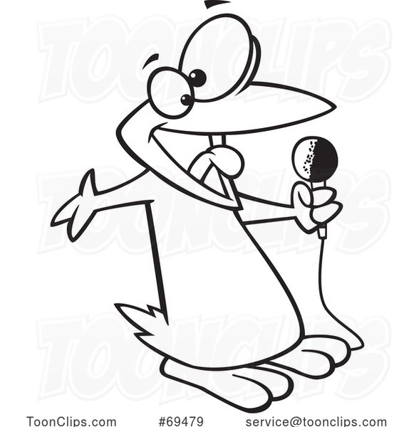 Cartoon Black and White Penguin Singing with a Microphone