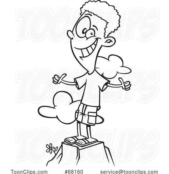 Cartoon Black and White Positive Boy or Guy on a Mountain