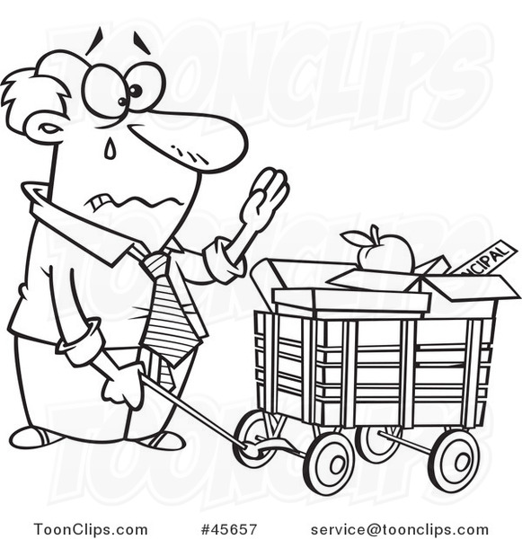 Cartoon Black and White Retiring Business Man with All of His Belongings in a Wagon