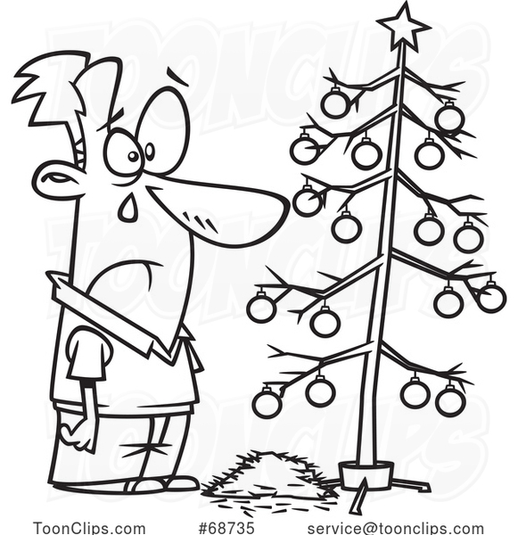 Cartoon Black and White Sad Guy Crying over a Dead Christmas Tree