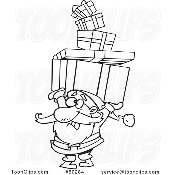 Cartoon Black and White Santa Holding a Stack of Christmas Gifts over His Head