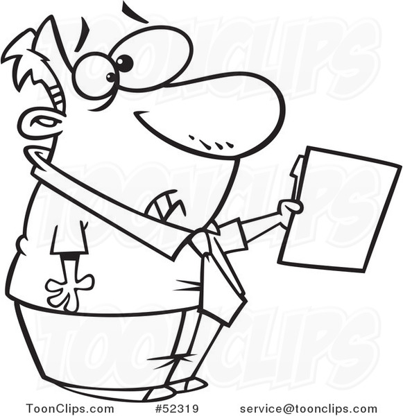 Cartoon Black and White Scared Guy Holding out a File