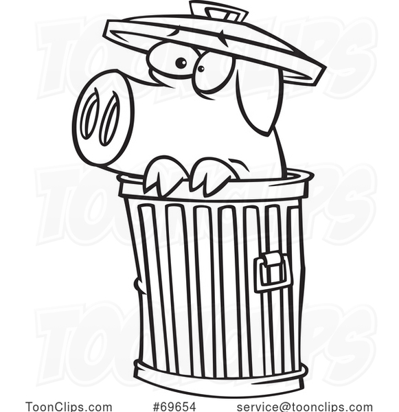 Cartoon Black and White Scared Pig Hiding in a Trash Can