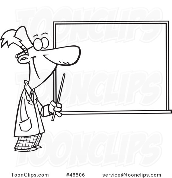 Cartoon Black and White Science Teacher Pointing to a Chalk Board