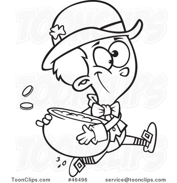 Cartoon Black and White St Patricks Day Leprechaun Boy Running with a Pot of Gold