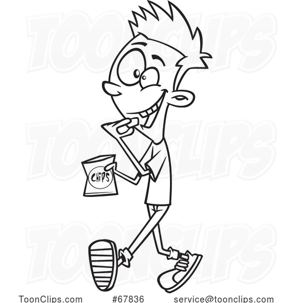 Cartoon Black and White Teen Boy Walking and Snacking