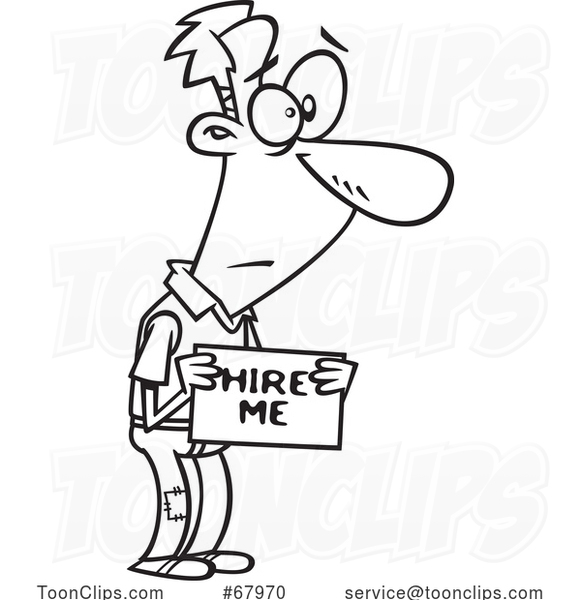 Cartoon Black and White Unemployed Guy Holding a Hire Me Sign