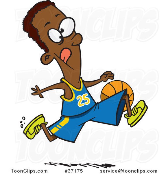 Cartoon Black Basketball Player Dribbling the Ball