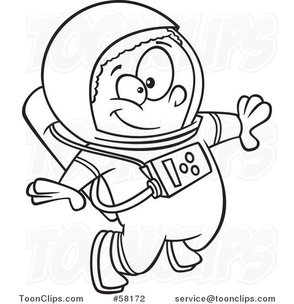 Cartoon Black Boy Astronaut Floating, Outline