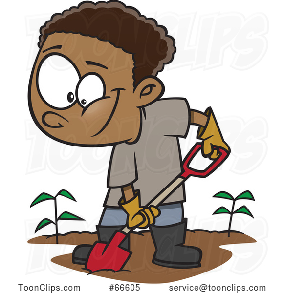 Cartoon Black Boy Digging in a Garden