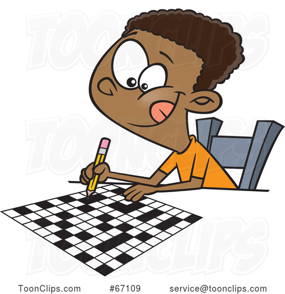 Cartoon Black Boy Doing a Crossword Puzzle