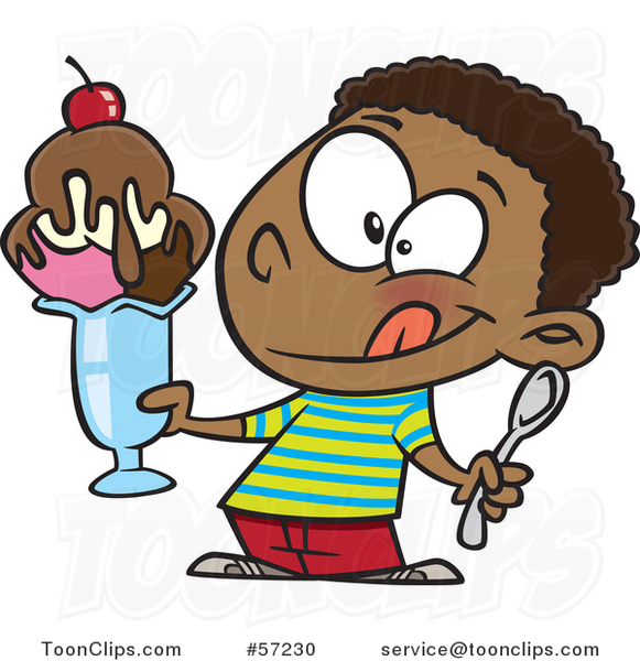 Cartoon Black Boy Holding a Big Ice Cream Sundae