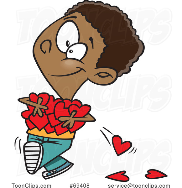 Cartoon Black Boy Holding an Armful of Valentines Day Love Hearts