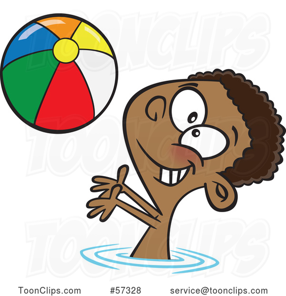 Cartoon Black Boy Playing with a Beach Ball in a Swimming Pool