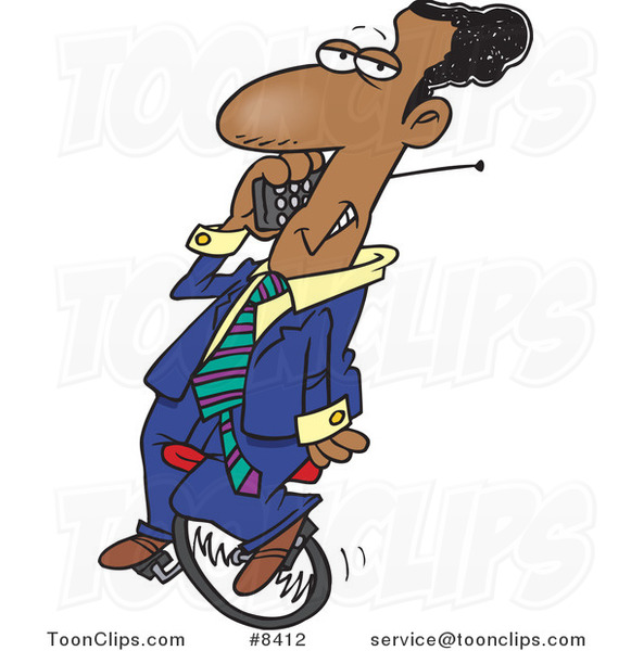 Cartoon Black Business Man Talking on a Cell Phone on Unicycle
