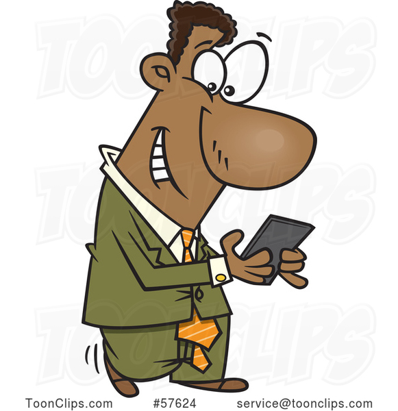 Cartoon Black Businessman Walking and Texting on His Smart Phone
