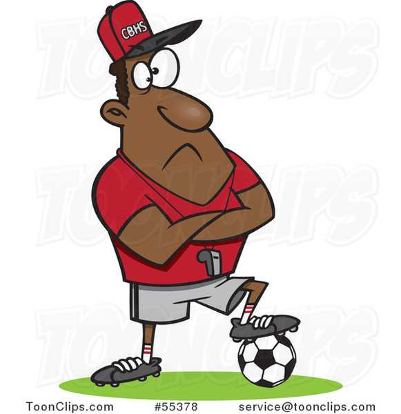 Cartoon Black Coach Guy Resting a Foot on a Soccer Ball #55378 by Ron  Leishman