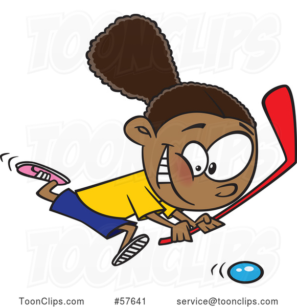 Cartoon Black Girl Playing Floor Hockey