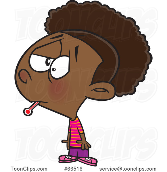 Cartoon Black Girl Sick with the Flu, a Thermometer in Her Mouth
