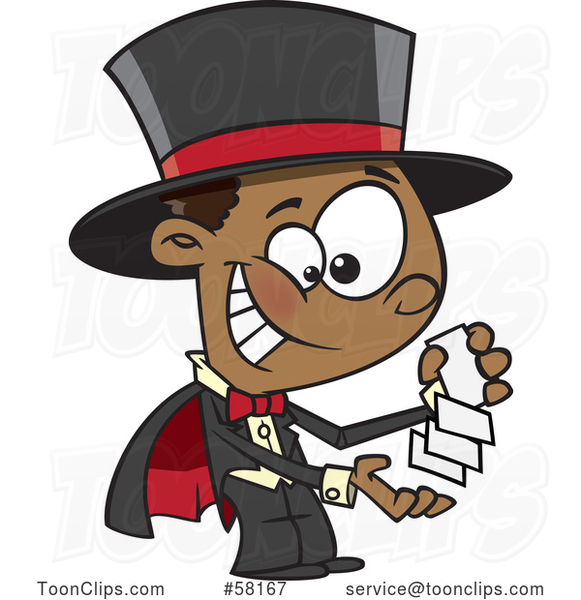Cartoon Black Magician Boy Performing a Card Trick