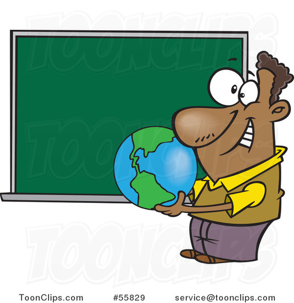 Cartoon Black Teacher Holding a Globe by a Chalkboard