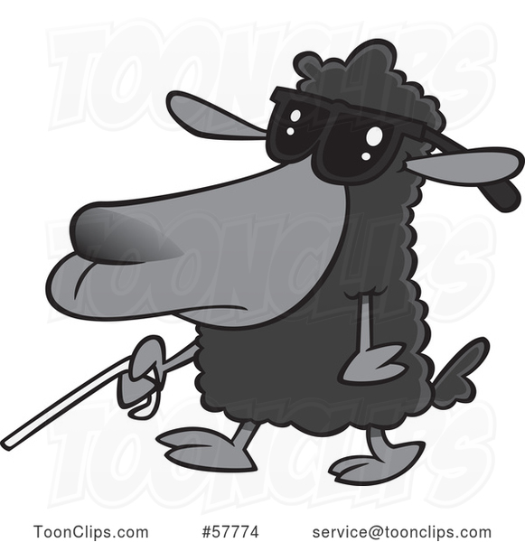 Cartoon Blind Black Sheep Walking with a Cane