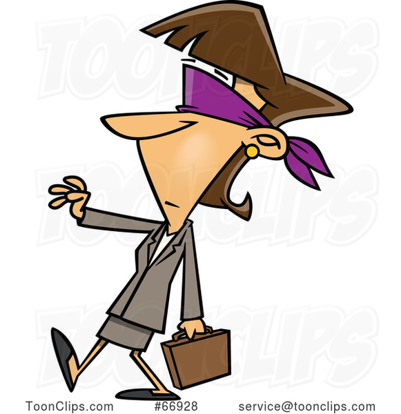 Cartoon Blindfolded White Businesswoman Walking with a Hand out