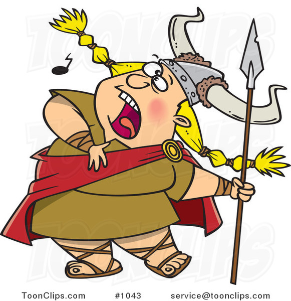 Cartoon Blond Female Viking Singing a Song and Holding a Spear
