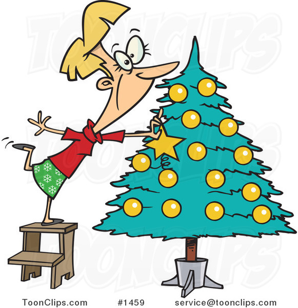 Cartoon Blond Lady Decorating a Christmas Tree