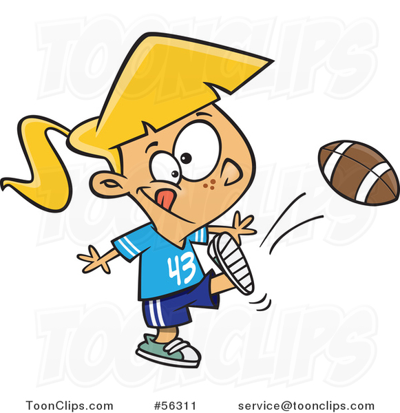 Cartoon Blond White Tom Boy Girl Kicking a Football